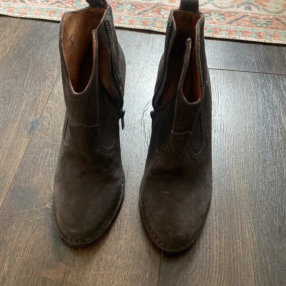 Suede Frye heeled booties. Worn once. 3 inch heels.